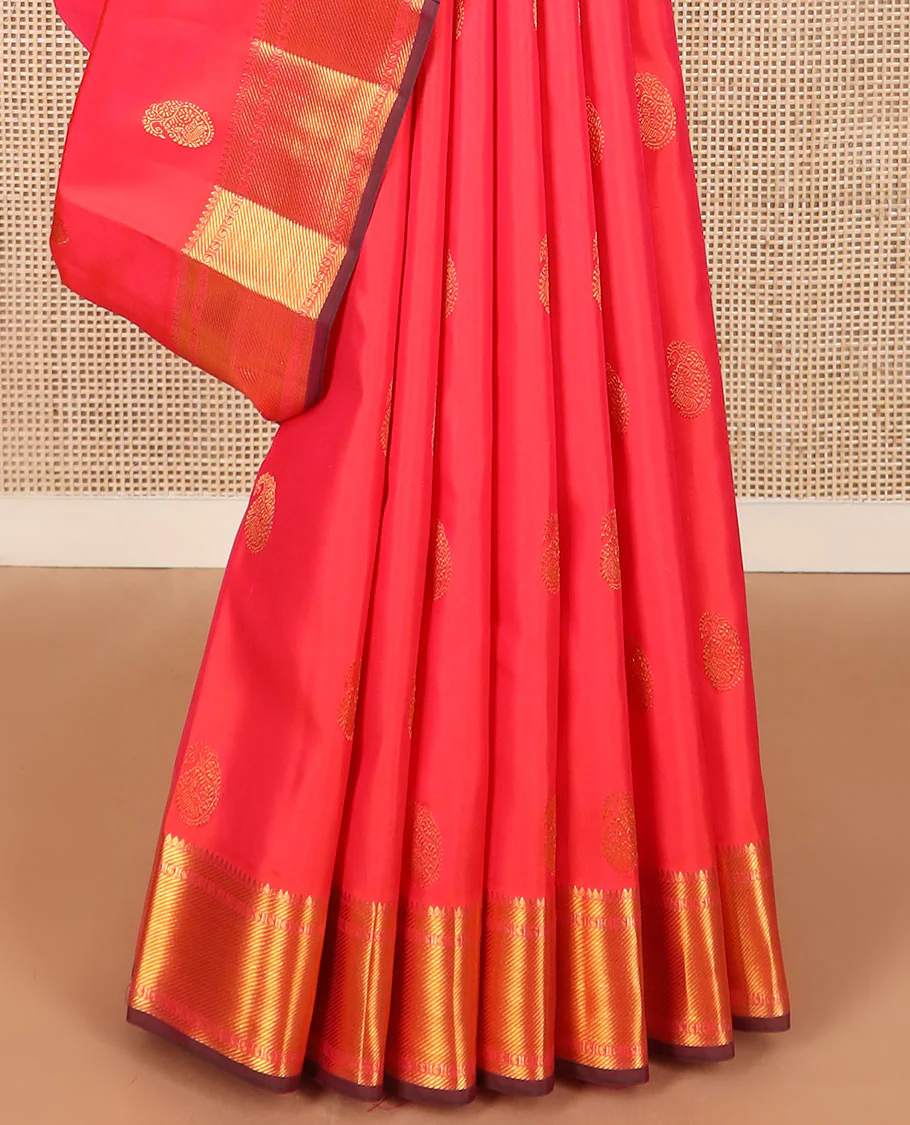Red manga buttas Kanchipuram silk saree, zari border of thilakam mokku, zari stripes, and manga designs, and geometric patterned pallu - Image 4
