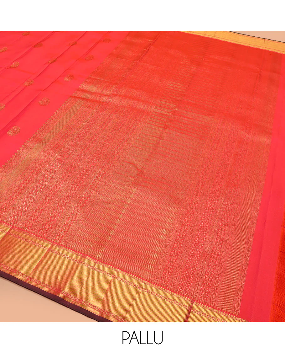 Red manga buttas Kanchipuram silk saree, zari border of thilakam mokku, zari stripes, and manga designs, and geometric patterned pallu - Image 5