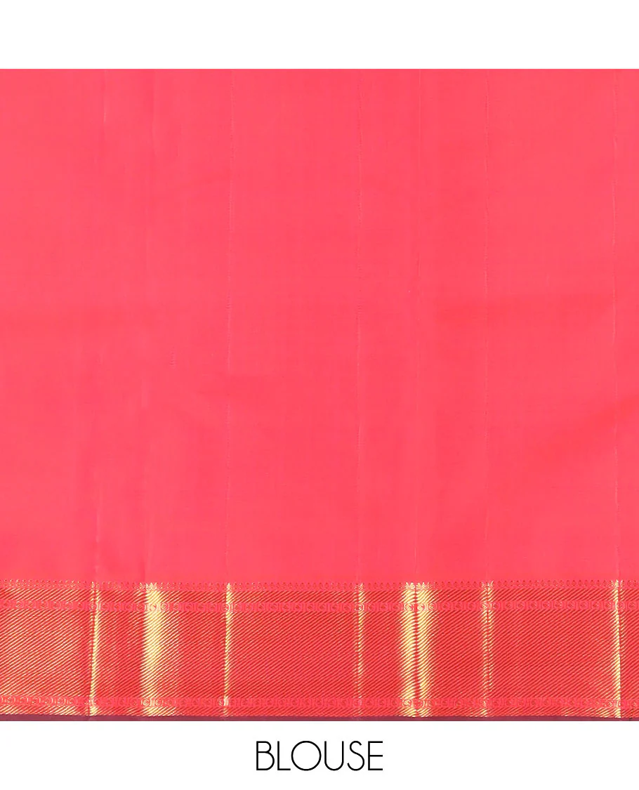 Red manga buttas Kanchipuram silk saree, zari border of thilakam mokku, zari stripes, and manga designs, and geometric patterned pallu - Image 6