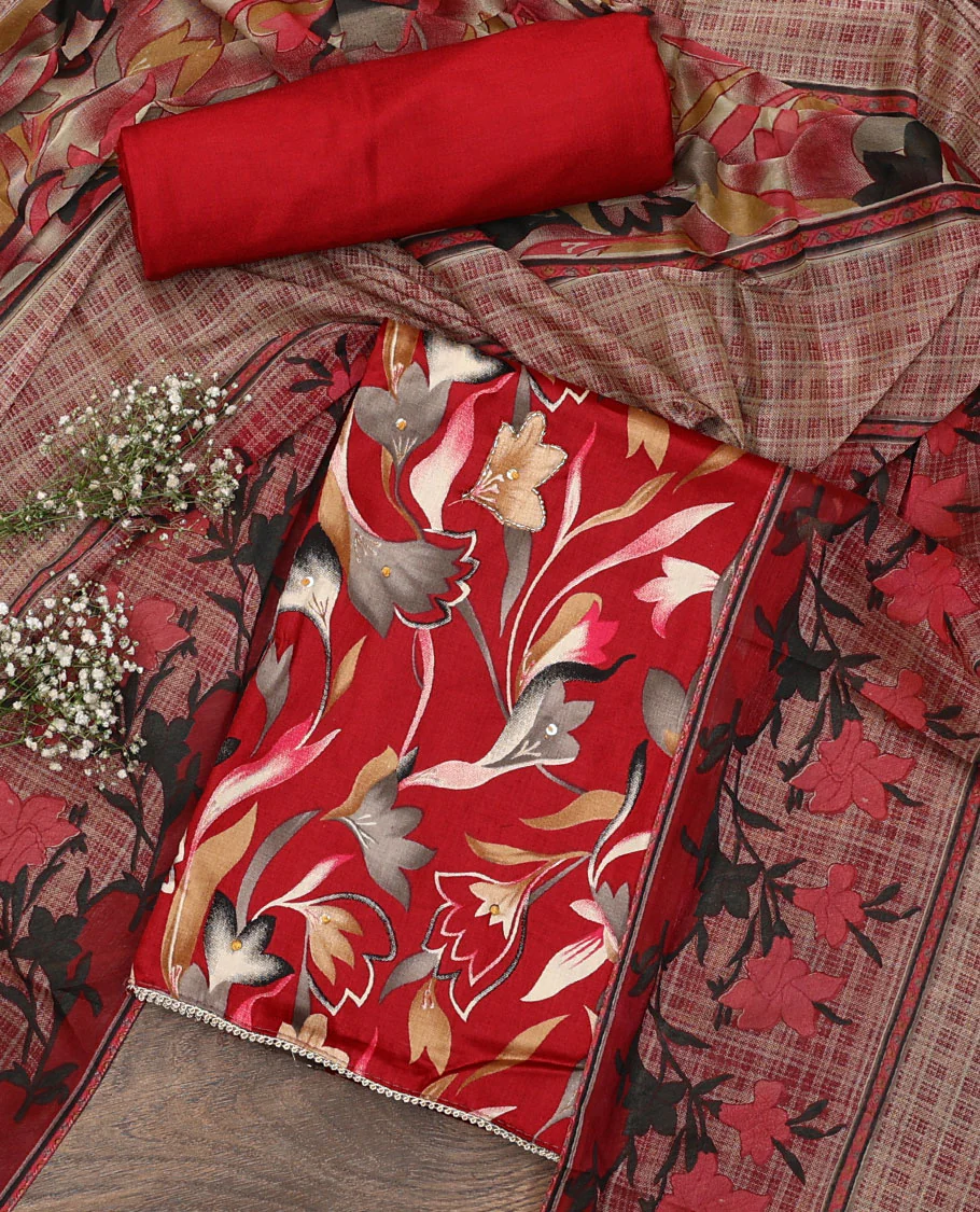 Red material chudidar set, abstract floral print with French knot work top, plain bottom, and dupatta of checks and floral print