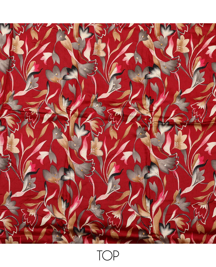 Red material chudidar set, abstract floral print with French knot work top, plain bottom, and dupatta of checks and floral print - Image 2