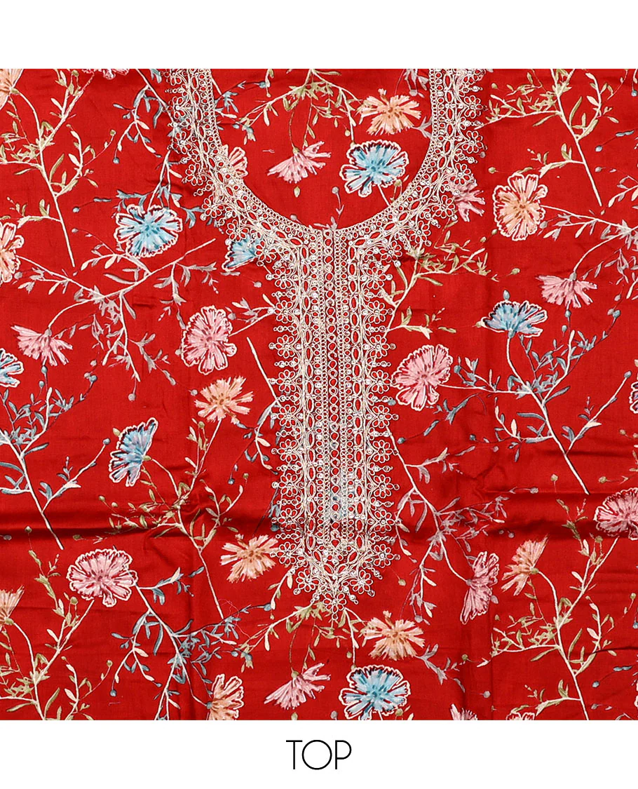 Red material chudidar set, floral print with neck embroidered top, plain bottom, and contrast chevron sequins-thread striped dupatta - Image 2