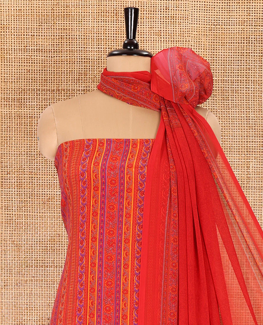 Red material chudidar set, floral-printed Italian crepe top, a plain bottom, and a floral and ogee-patterned printed georgette dupatta - Image 3