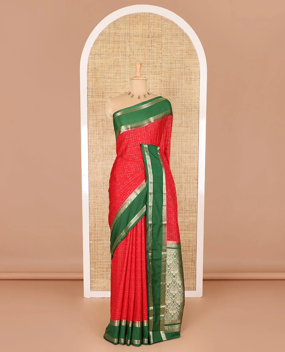 Red maze geometric-patterned semi-mysore silk saree, contrast rettai pettu traditional zari border, intricate pallu, and a contrast geometric-patterned zari-bordered blouse - Image 2