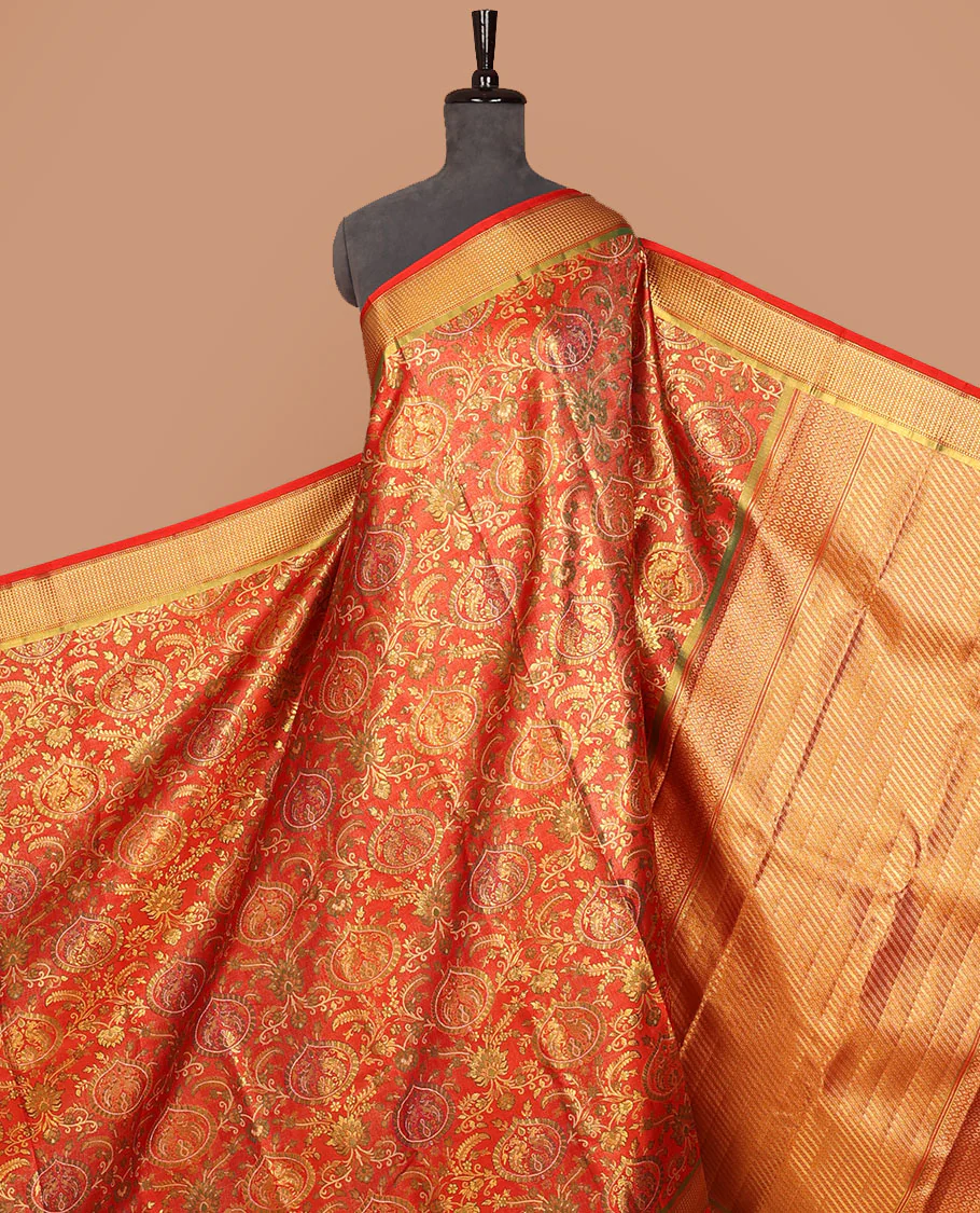 Red meenakari zari jacquard Samudrika silk saree, zari border of muthu & kuyil kann designs & geometric patterned pallu