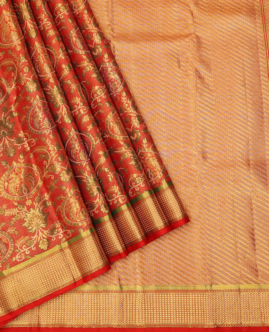 Red meenakari zari jacquard Samudrika silk saree, zari border of muthu & kuyil kann designs & geometric patterned pallu - Image 2