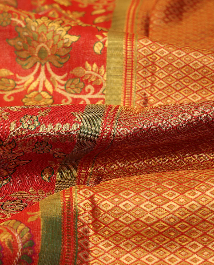 Red meenakari zari jacquard Samudrika silk saree, zari border of muthu & kuyil kann designs & geometric patterned pallu - Image 5