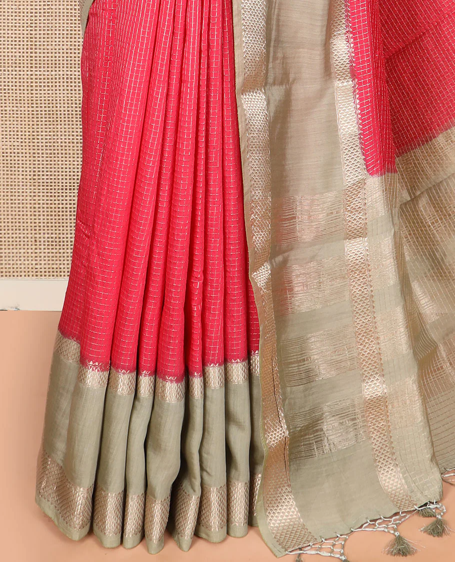 Red micro-checked assam silk saree, contrast traditional zari design border, and zari striped pallu - Image 3