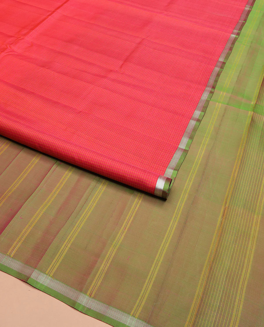Red micro-checked Kanchipuram silk saree, contrast piping zari border of vanki designs, and striped pallu - Image 2
