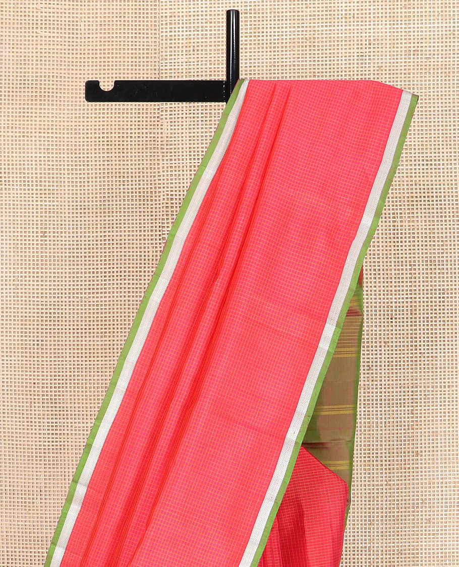 Red micro-checked Kanchipuram silk saree, contrast piping zari border of vanki designs, and striped pallu - Image 3