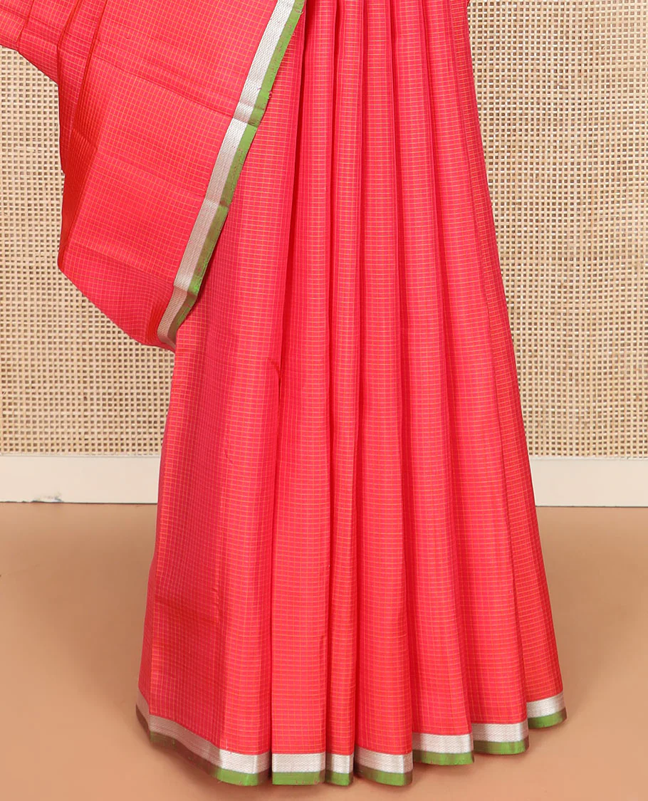 Red micro-checked Kanchipuram silk saree, contrast piping zari border of vanki designs, and striped pallu - Image 4
