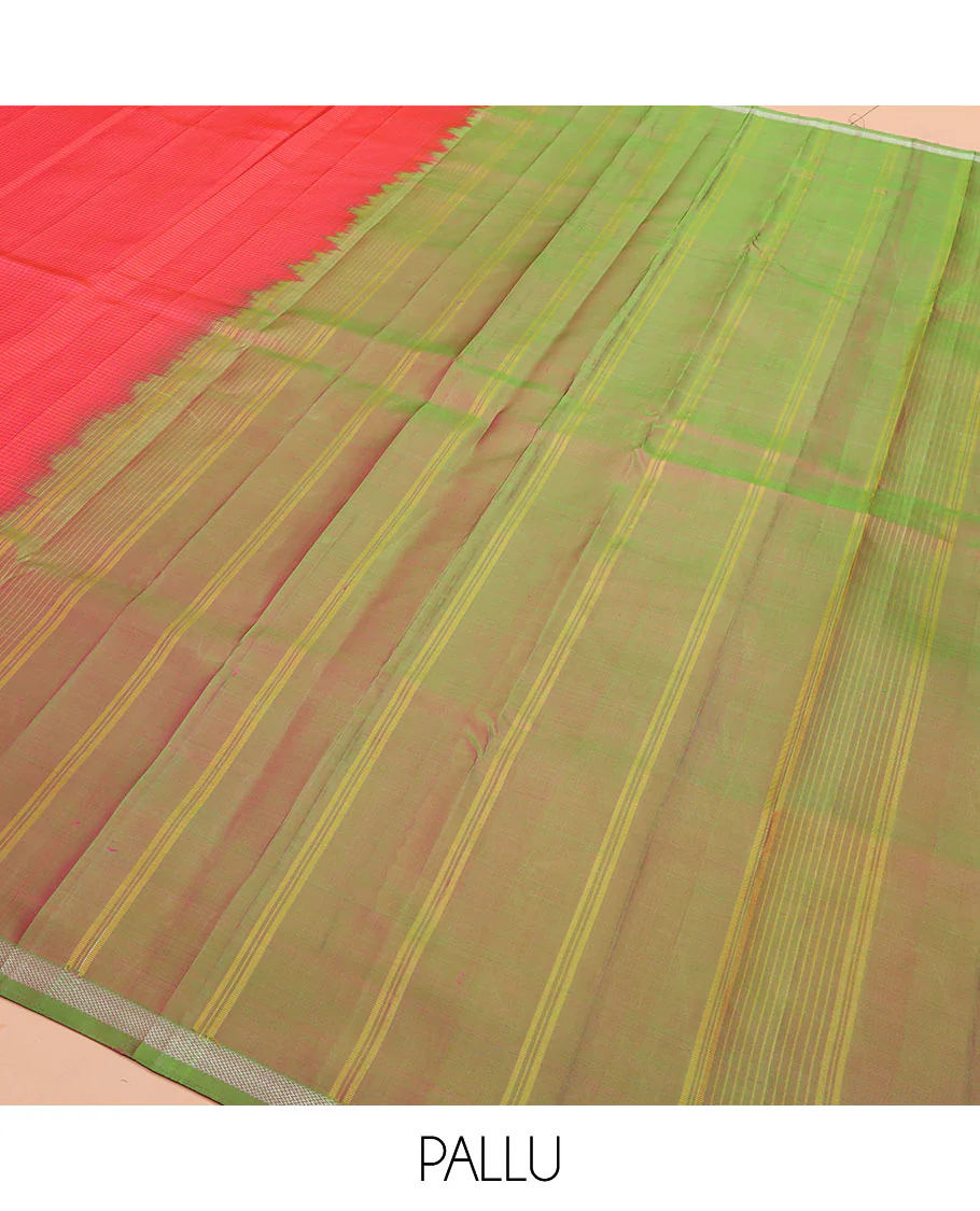 Red micro-checked Kanchipuram silk saree, contrast piping zari border of vanki designs, and striped pallu - Image 5