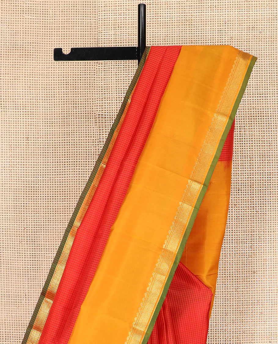 Red micro-checked Kanchipuram silk saree, contrast rettai pettu border of thilakam mokku, banaras, and kuyil kann designs, and zari striped pallu - Image 3