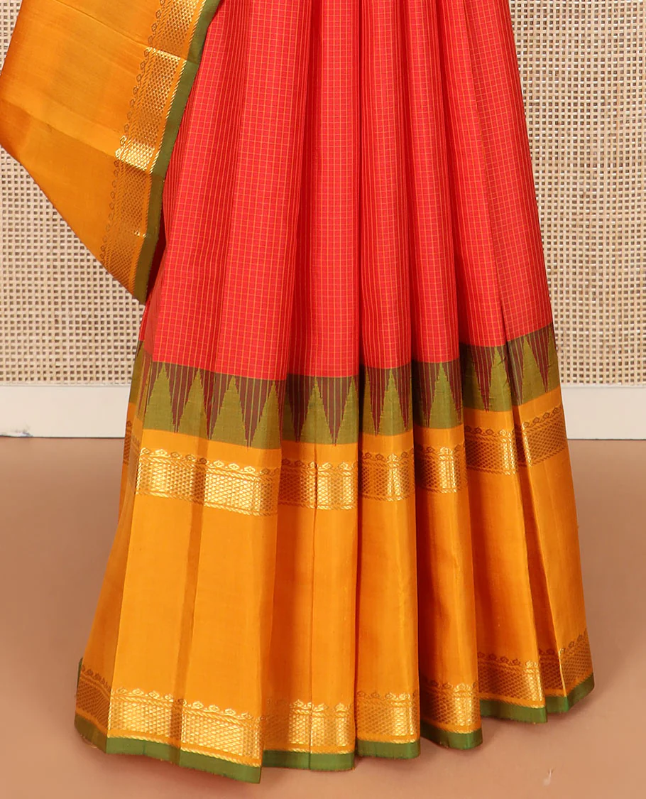 Red micro-checked Kanchipuram silk saree, contrast rettai pettu border of thilakam mokku, banaras, and kuyil kann designs, and zari striped pallu - Image 4
