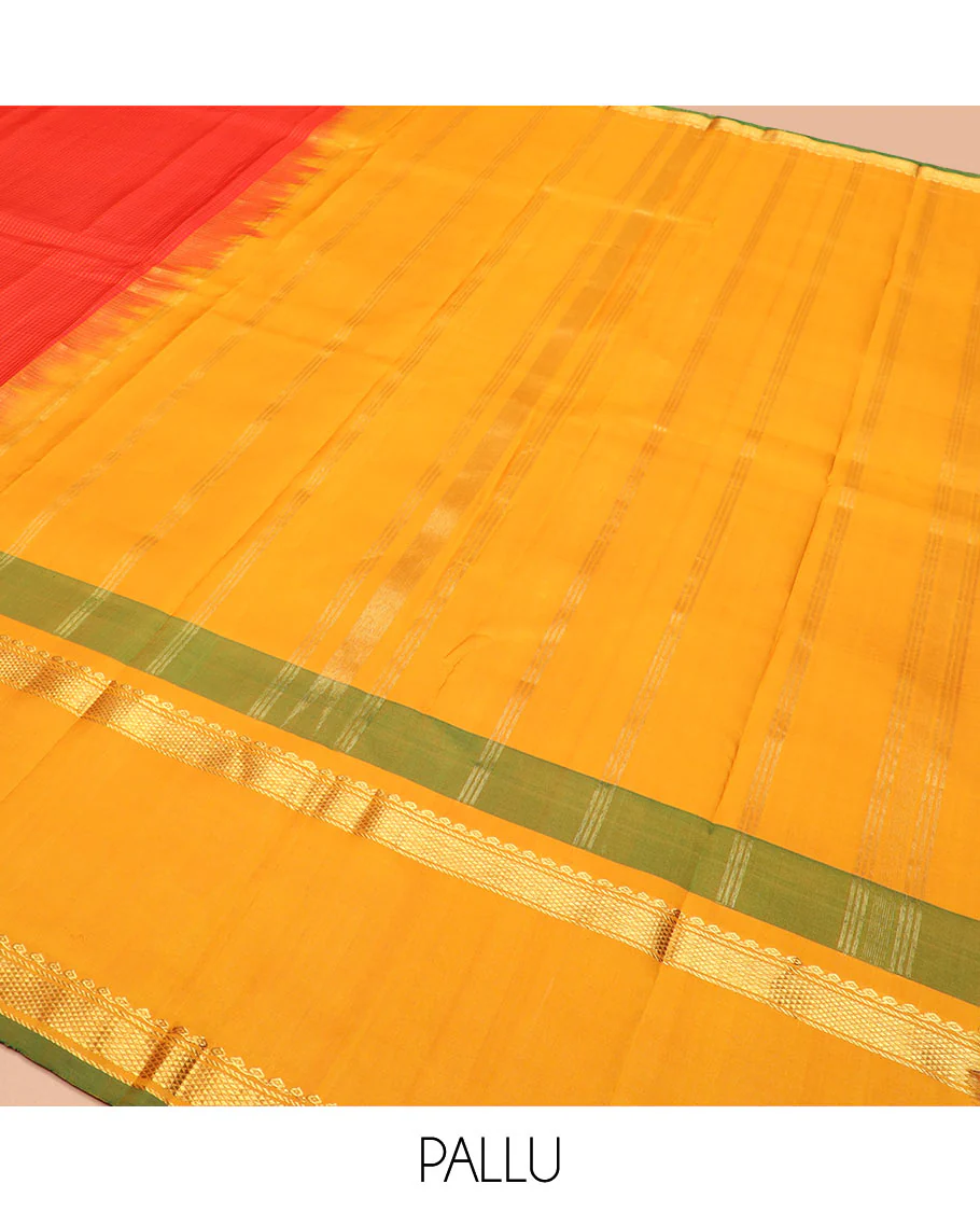 Red micro-checked Kanchipuram silk saree, contrast rettai pettu border of thilakam mokku, banaras, and kuyil kann designs, and zari striped pallu - Image 5
