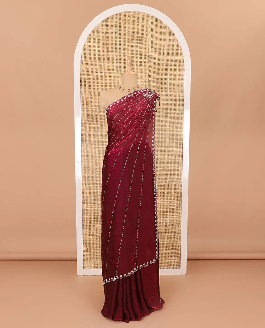 Red micro-stone work fendy chiffon saree with paisley stone work on its shoulder, a scallop stone work border, a butterfly style pallu, and a matching stone work blouse - Image 2