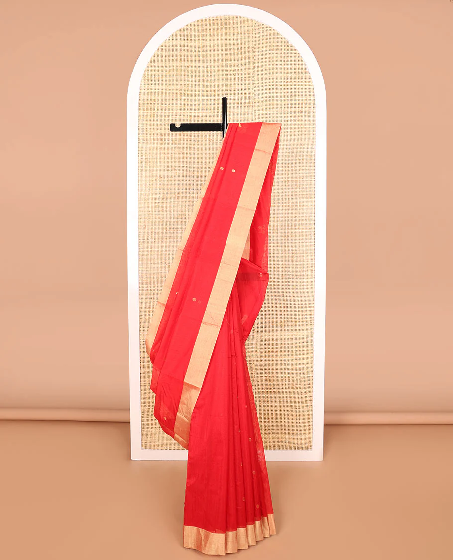 Red motifs chanderi cotton saree with contrast border & striped pallu