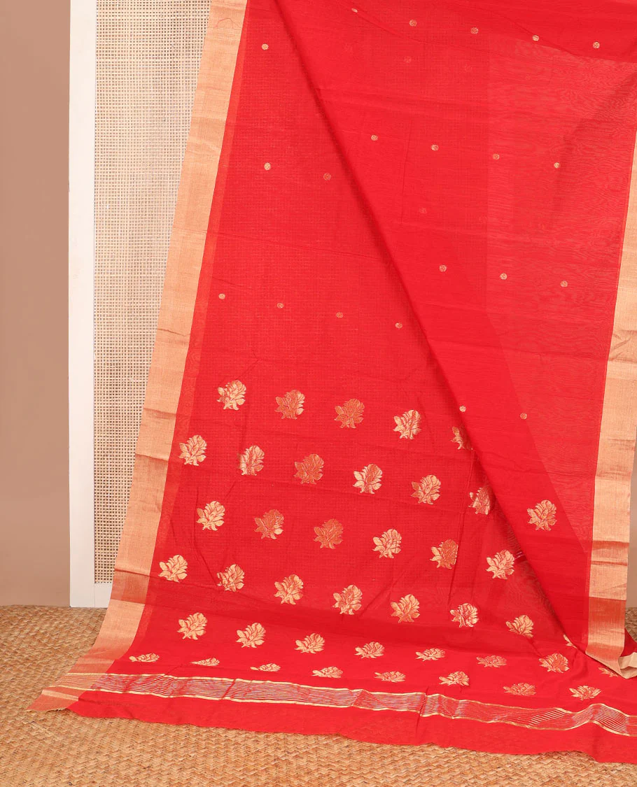 Red motifs chanderi cotton saree with contrast border & striped pallu - Image 2