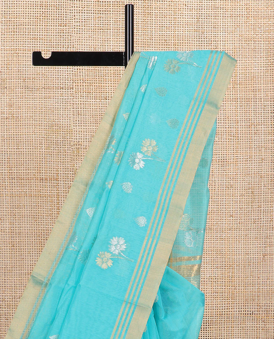Blue motifs chanderi cotton saree with contrast traditional zari design border & floral design pallu - Image 3
