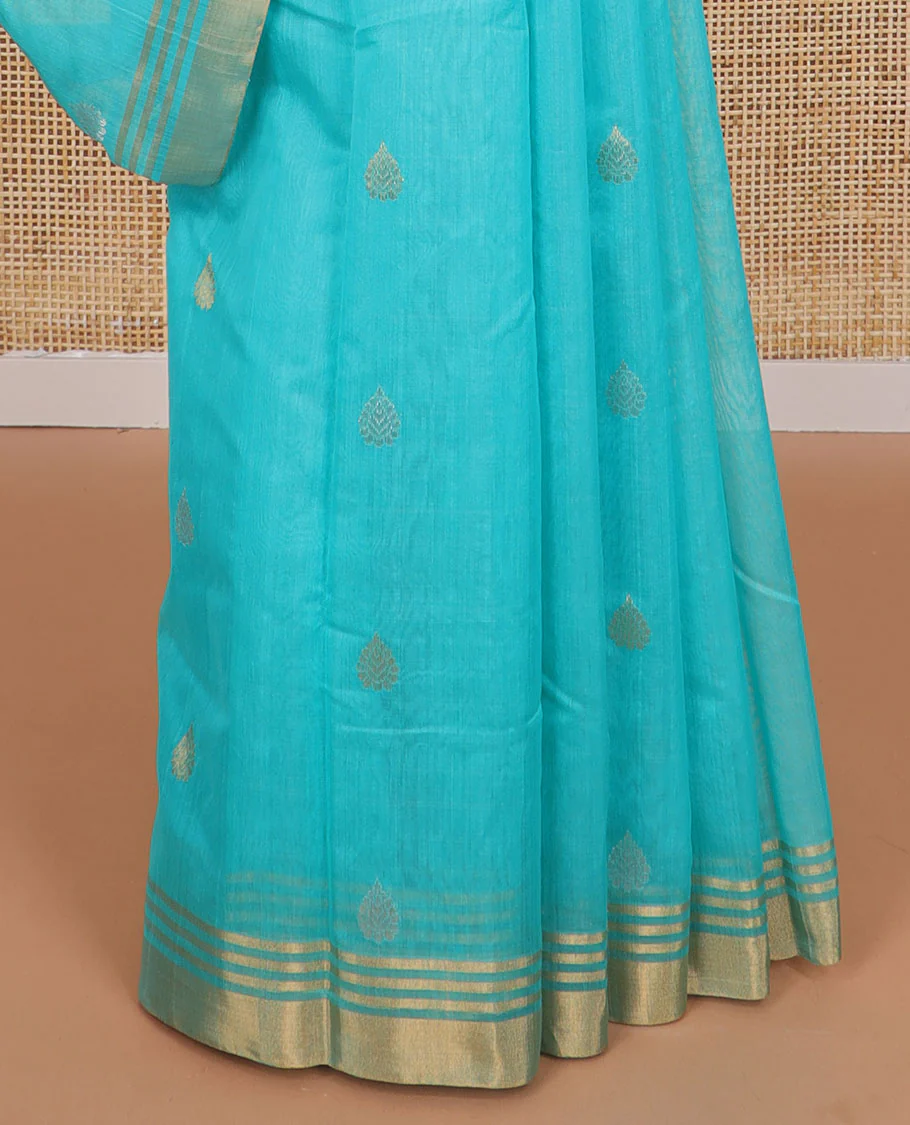 Blue motifs chanderi cotton saree with contrast traditional zari design border & floral design pallu - Image 4