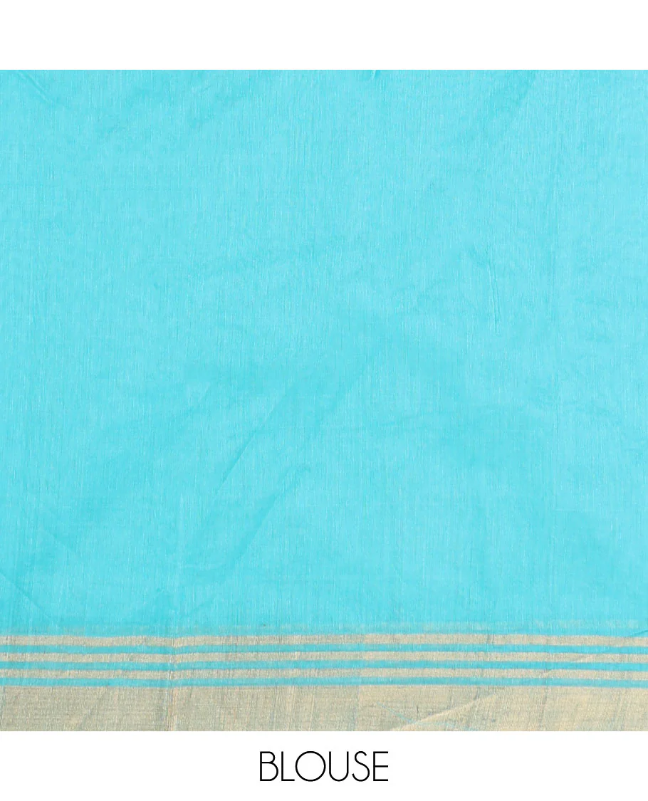 Blue motifs chanderi cotton saree with contrast traditional zari design border & floral design pallu - Image 5