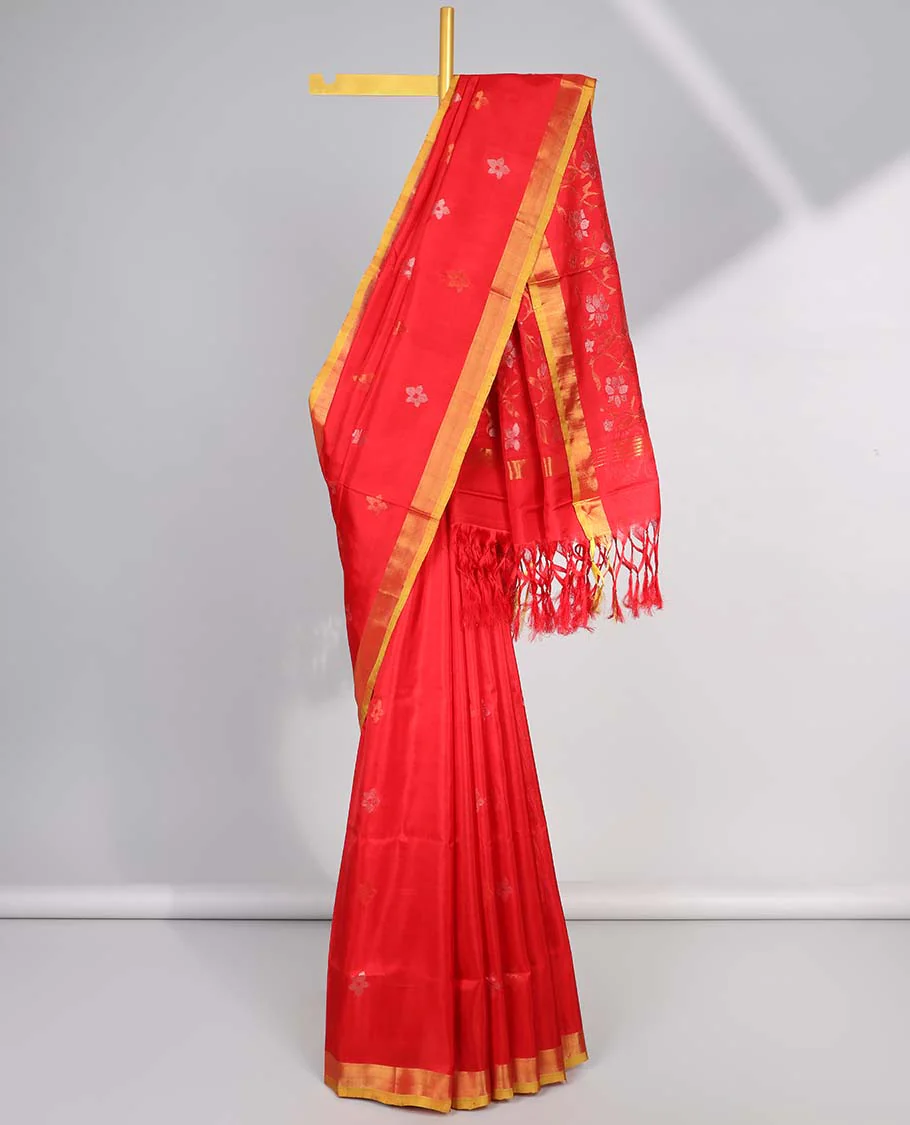 Red motifs uppada silk saree with contrast zari border & floral vine design pallu - Image 2