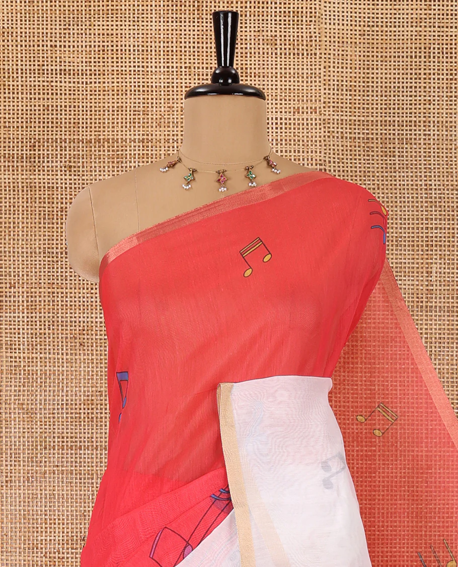 Red musical-note-motif-printed chanderi cotton saree with contrast musical-note-motif-printed piping border, and a matching blouse - Image 2