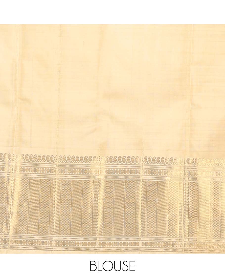 Red muthu striped Samudrika silk saree, contrast border of manga mokku, muthu, poun, and mayli kann designs, and zari design pallu - Image 6