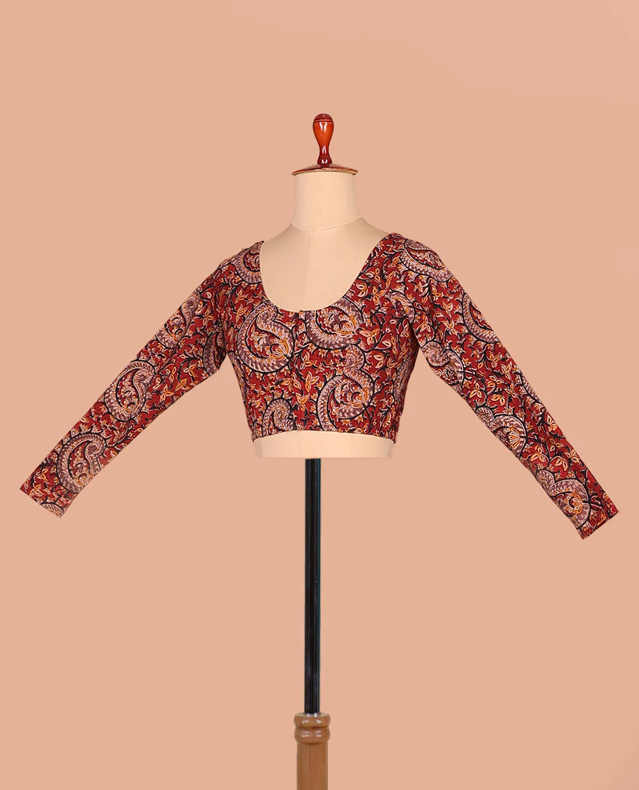 Red paisley vine printed front-back round neck full-sleeve cotton readymade blouse