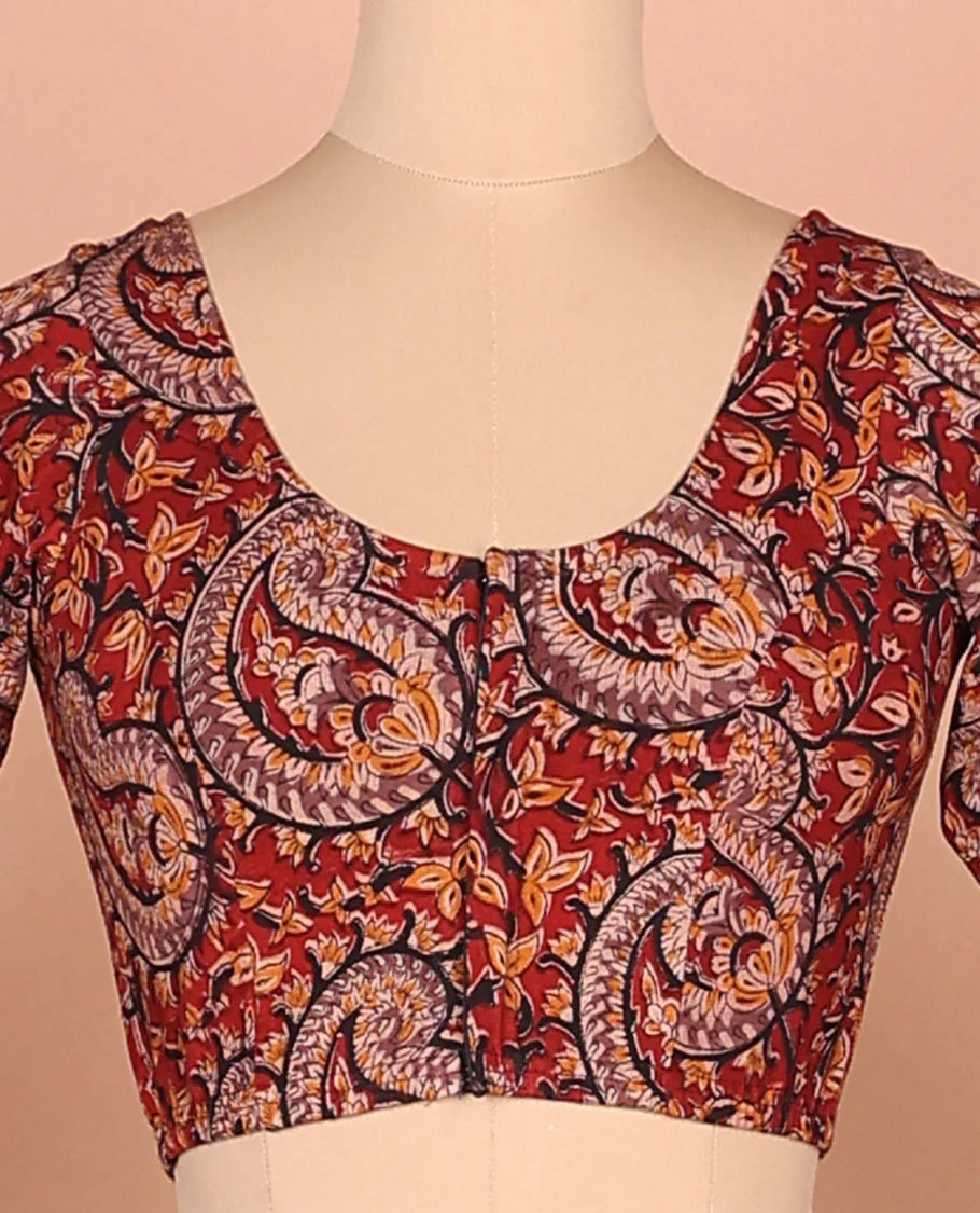 Red paisley vine printed front-back round neck full-sleeve cotton readymade blouse - Image 2