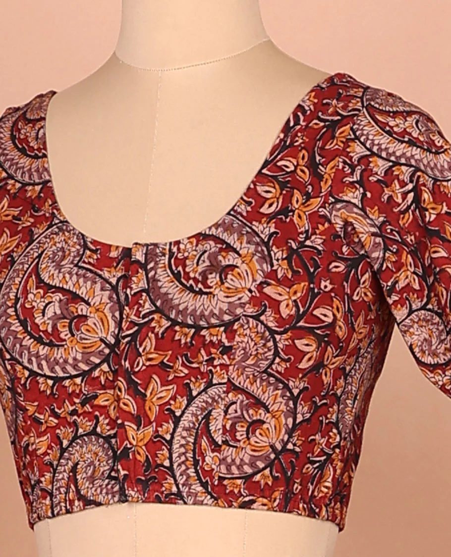 Red paisley vine printed front-back round neck full-sleeve cotton readymade blouse - Image 3