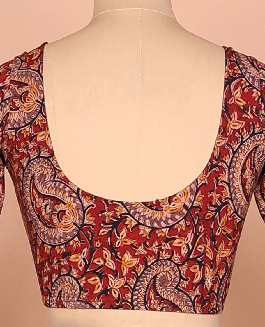 Red paisley vine printed front-back round neck full-sleeve cotton readymade blouse - Image 4