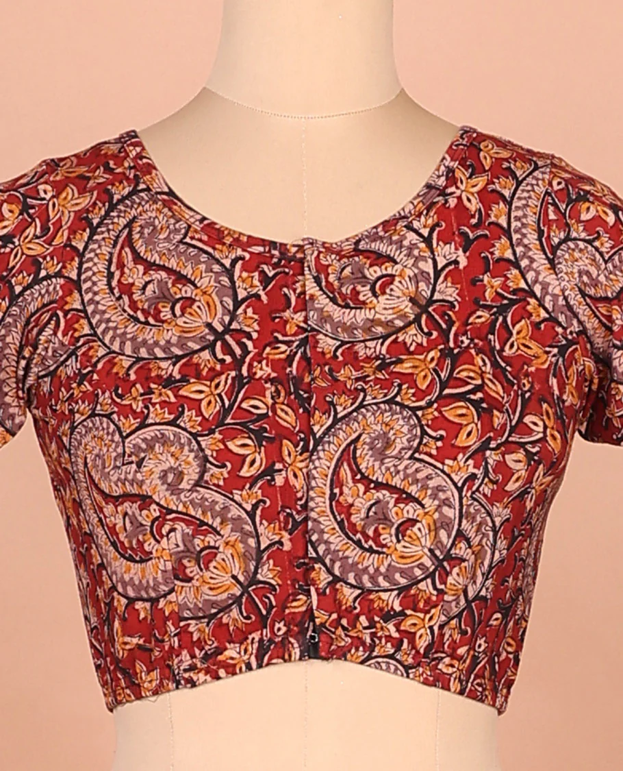 Red paisley vine printed front boat neck elbow sleeve cotton readymade blouse - Image 3