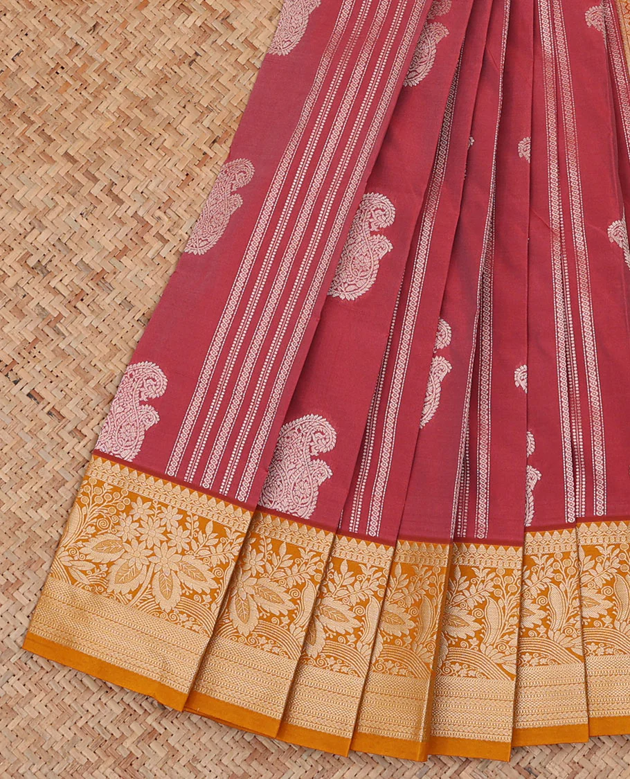 Red paisleys, and geometric patterns budget silk saree, contrast floral design border, and pallu steeped paisleys
