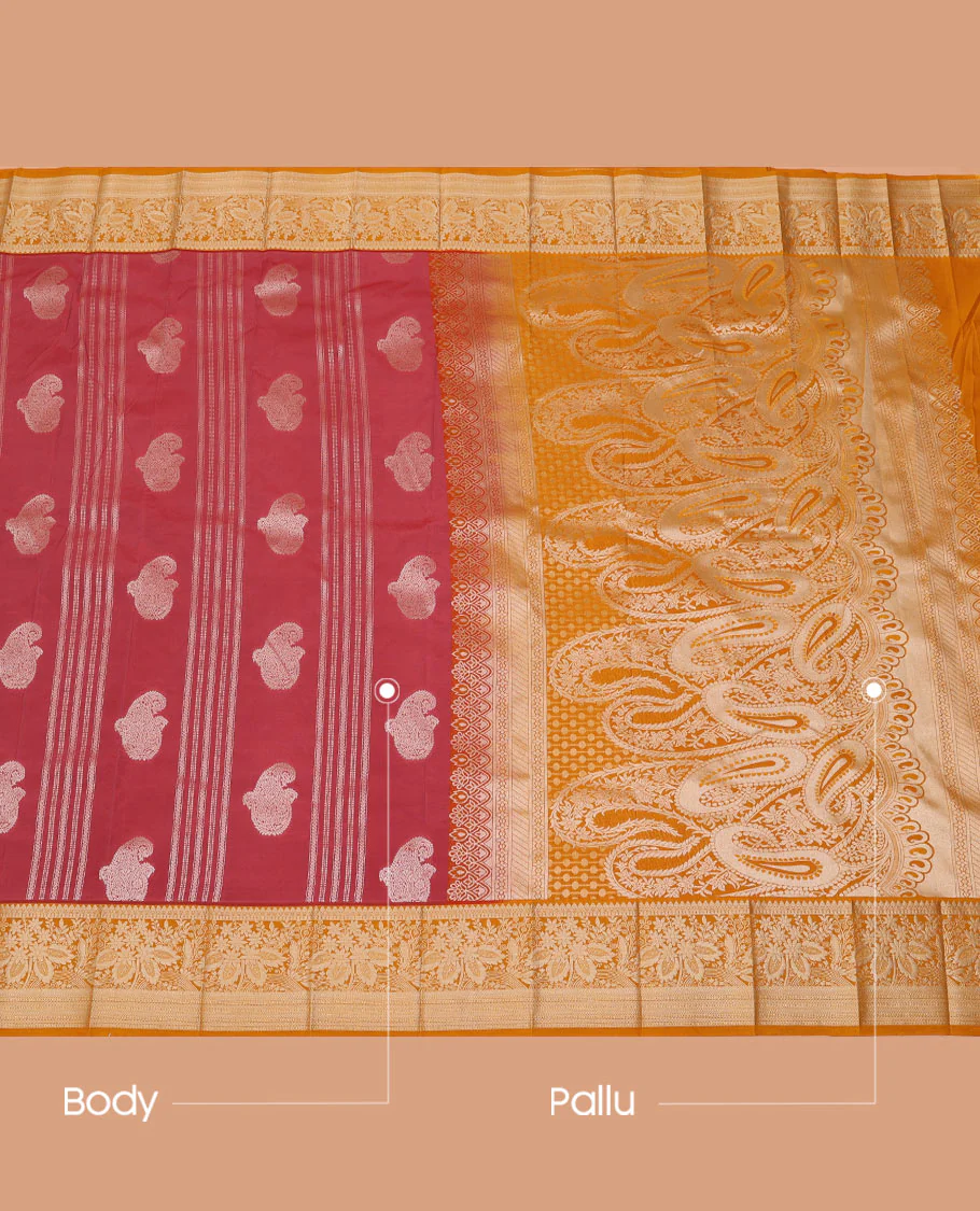 Red paisleys, and geometric patterns budget silk saree, contrast floral design border, and pallu steeped paisleys - Image 3