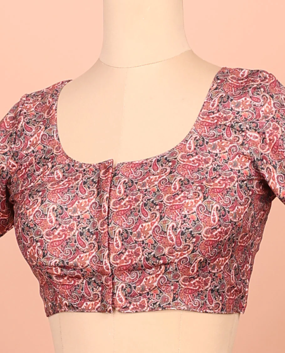 Red paisleys printed front-back round-neck elbow sleeve readymade blouse - Image 2