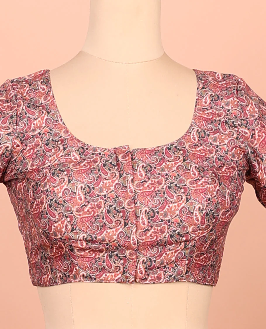 Red paisleys printed front-back round-neck elbow sleeve readymade blouse - Image 3