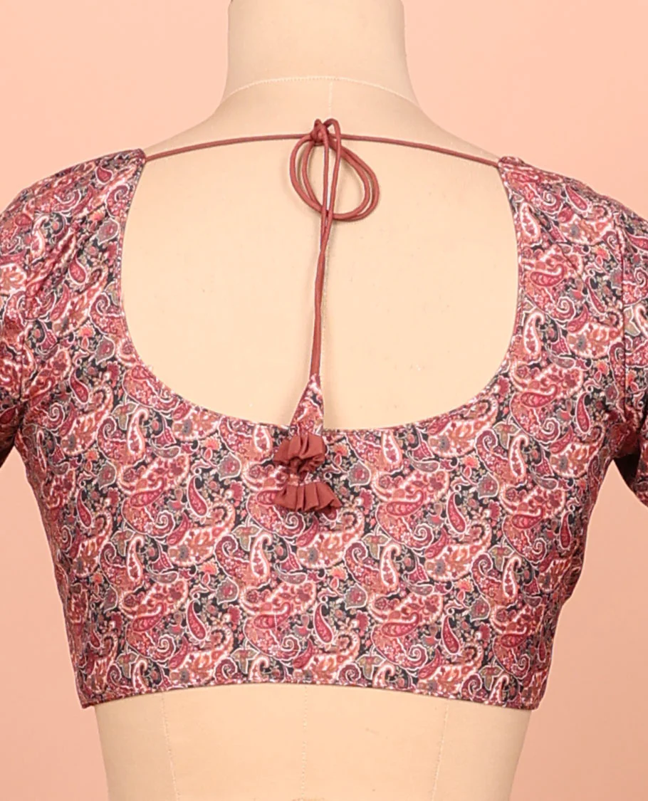 Red paisleys printed front-back round-neck elbow sleeve readymade blouse - Image 4