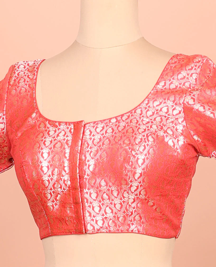 Red paisleys-theme jacquard front-back round neck elbow-sleeve readymade blouse - Image 2