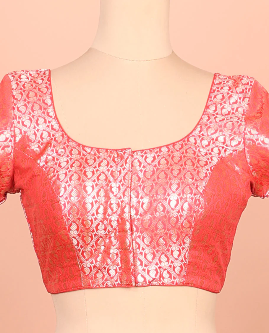 Red paisleys-theme jacquard front-back round neck elbow-sleeve readymade blouse - Image 3
