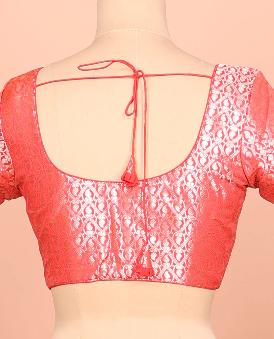 Red paisleys-theme jacquard front-back round neck elbow-sleeve readymade blouse - Image 4