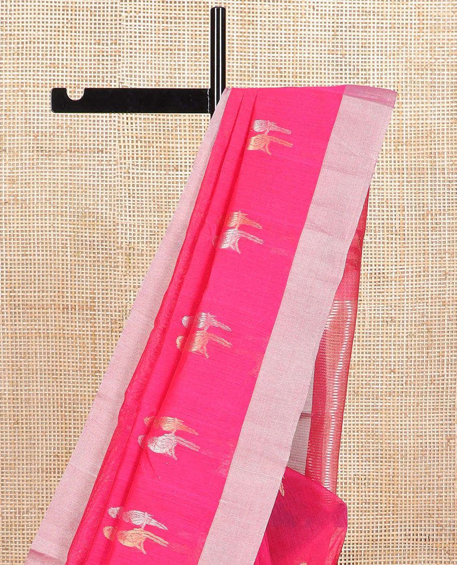 Red parrot motifs chanderi cotton saree with self zari border & striped pallu - Image 3
