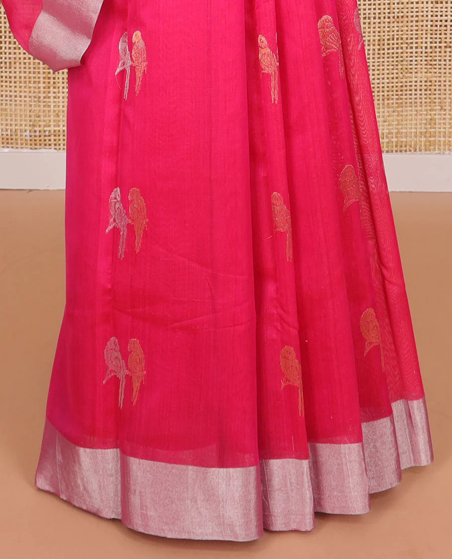Red parrot motifs chanderi cotton saree with self zari border & striped pallu - Image 4