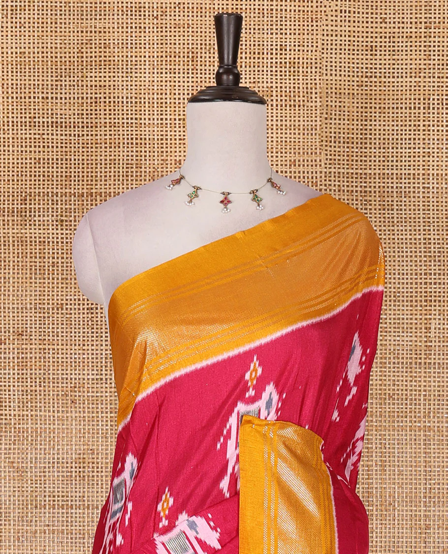 Red patola inspired pochampally elephant motifs dola silk saree, contrast traditional zari border, patola printed pallu, and contrast patola printed blouse - Image 3