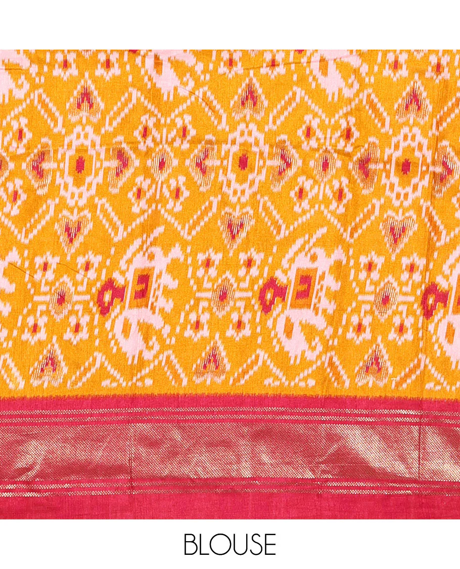 Red patola inspired pochampally elephant motifs dola silk saree, contrast traditional zari border, patola printed pallu, and contrast patola printed blouse - Image 4