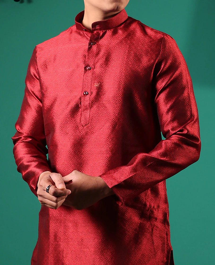 Red peacock eye style diamond patterns embossed full-sleeved men's kurta - Image 4