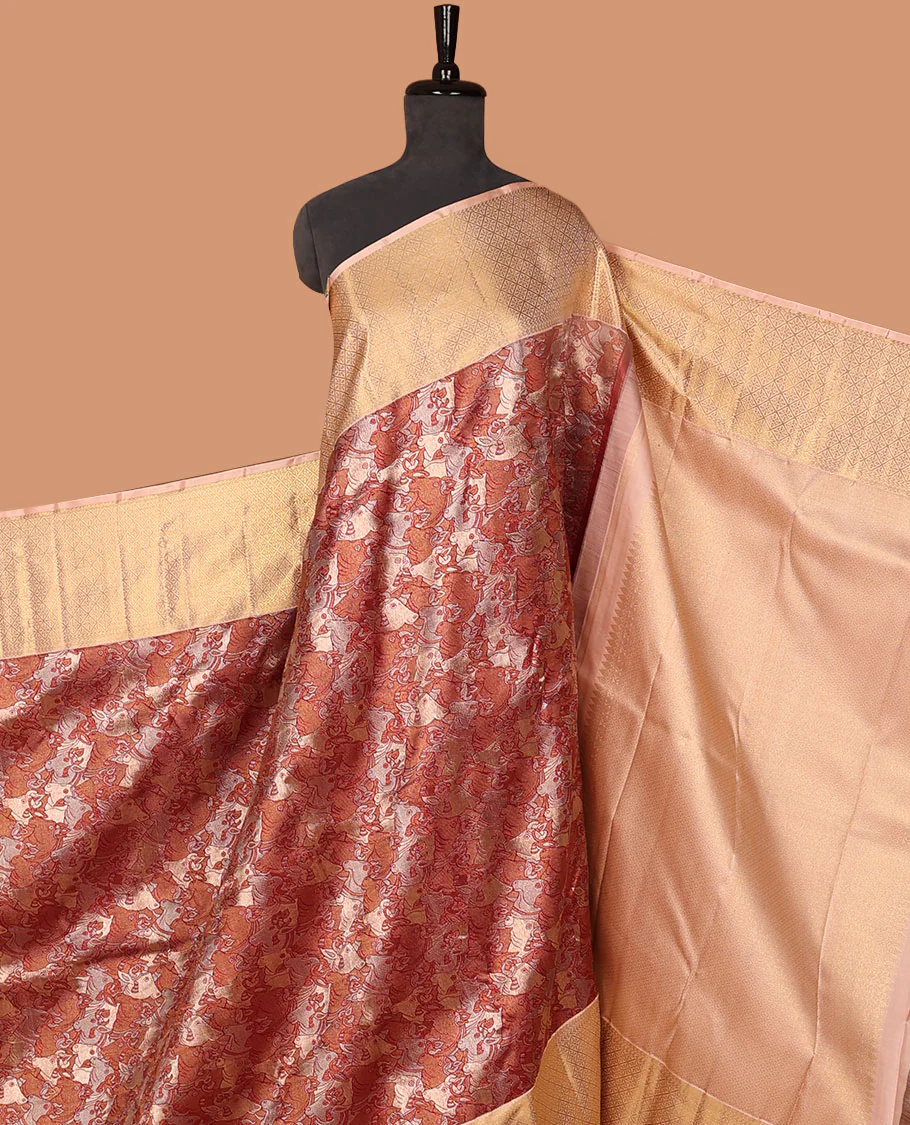 Red pichwai cow jacquard Samudrika silk saree, contrast border of manga mokku,kathir & jaal design & intricate zari woven pallu