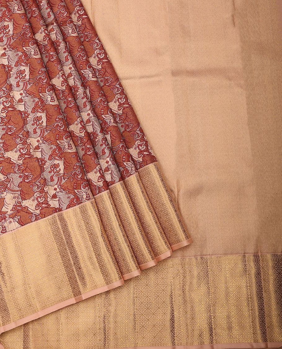 Red pichwai cow jacquard Samudrika silk saree, contrast border of manga mokku,kathir & jaal design & intricate zari woven pallu - Image 2