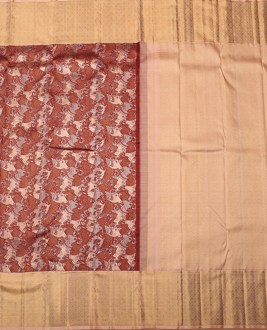 Red pichwai cow jacquard Samudrika silk saree, contrast border of manga mokku,kathir & jaal design & intricate zari woven pallu - Image 3