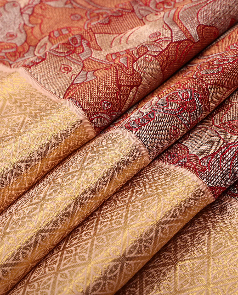 Red pichwai cow jacquard Samudrika silk saree, contrast border of manga mokku,kathir & jaal design & intricate zari woven pallu - Image 4